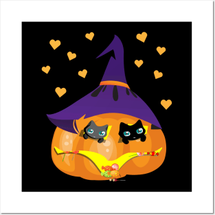 Halloween Black and Gray Cat in a Pumpkin House with Sweets Posters and Art